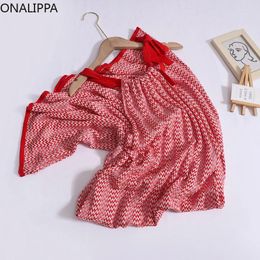 Casual Dresses Onalippa Wave Pattern Knitted Dress Contrast Lace Up Bow Sleeveless Straight Loose Korean Fashion Chic Design Vestidos