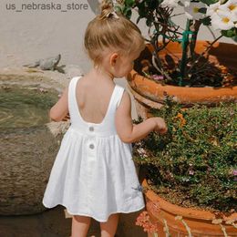 Girl's Dresses Girls Textured Cotton Sleeveless White Dress 2024 Summer New Toddler Baby Girl Round Neck Button Low-Back Kids Dresses TZ79 Q240418