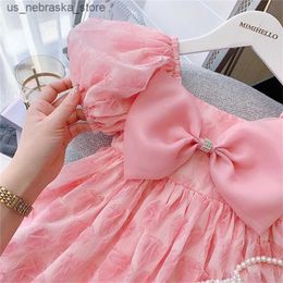 Girl's Dresses Baby Girls Dress Summer Stars Elegant Pink Princess Dress With Super Big Bow Kids Birthday Party Clothes Children Puffy Dress Q240418
