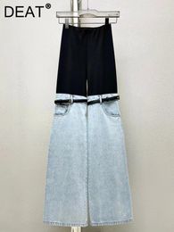 Women's Jeans Fashion Denim Contrast Colour Splice Elastic Waist Belt Design Straight Flare Pants 2024 Spring 11XX0838