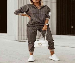 2022 Women Fashion Plaid Print Zipper Hooded Top And Pants Set Two Pieces Suit Flare Pants Outfit2650499