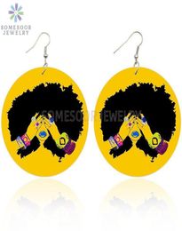 Afro Curls Natural Hair Wooden Drop Earrings Melanin Hiphop Rock Black Girl Loops Both Sides Printed For Women Gifts Dangle Chan2755623