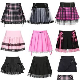 Skirts E-Girl Gothic Lace Mini Pleated Skirt Women Punk Y2K Aesthetic High Waist A-Line Short 90S Vintage Harajuku Streetwear Drop De Dhjrs