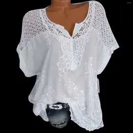 Women's Blouses Women Shirts Lace Hollow V Neck Embroidered Short Sleeved Bat Shirt Top Spandex T