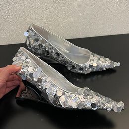 Dress Shoes Footwear Wedges Heeled For Women In 2024 Fashion Bling Female Pointed Toe Slip On Ladies Pumps Heels Slides