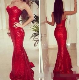 Sparkly Red Sequins Mermaid Evening Dresses Sweetheart Neckline 2024 Cheap Sweep Train Custom Made Plus Size Formal Prom Party Gown