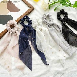 Hair Rubber Bands New chiffon ponytail ribbons shiny star bow hair screws knotted bow hair bands elastic hair bands hair accessories Y240417