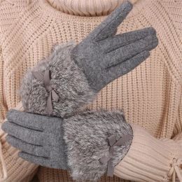 Ladies Cashmere Gloves Female Bow Tie Rabbit Fur Wool Mitten Gloves Winter Windproof Driving Cycling Glove