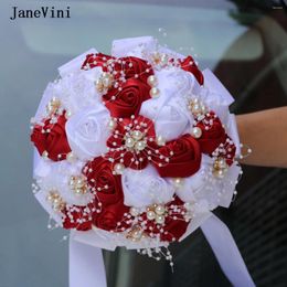 Wedding Flowers JaneVini Elegant Burgundy White Ribbon Western Bridal Bouquets Pearls Artificial Satin Roses Bouquet For Bride