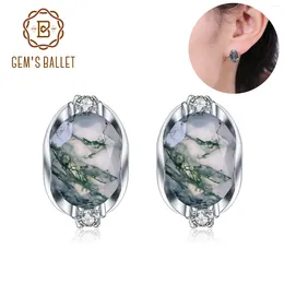 Stud Earrings GEM'S BALLET 8X10mm Oval Natural Moss Agate Studs Dainty Gemstone In 925 Sterling Silver A Birthday Present