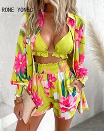 Women's Tracksuits 2024 Women Allover Print Sexy Long Sleeve Open Stitch Bras Three Pieces Short Sets