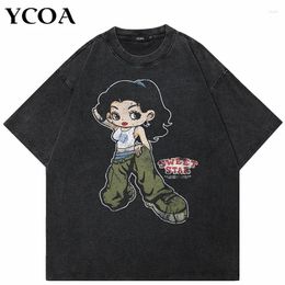 Men's T Shirts T-Shirt Oversized Streetwear Retro Washed Black Cartoon Hip Hop Girl Vintage Graphic Tee Y2k Tops Korean Fashion Clothing