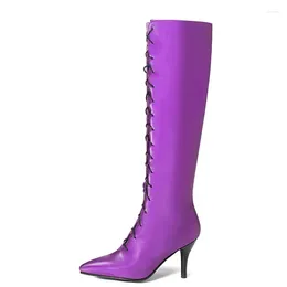 Boots Sweet Knee High Women Shoes Fashion Lace-up Women's Sexy Purple Heels Autumn Winter Party Big Size