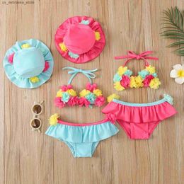 One-Pieces Baby girl three piece swimsuit floral neck swimsuit bottom and sun hat Q240418