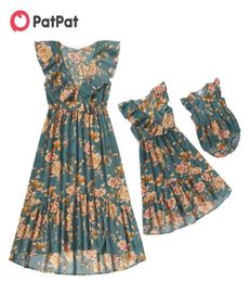 Summer Mommy and Me Floral Print Flounce Vneck Sleeveless Dresses 2105288642657