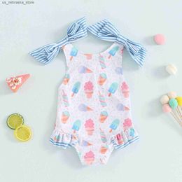 One-Pieces Princess Bow Little Girl Swimsuit Bikini Beach Suit Summer Sleeveless Donut Flower Print Ruffled Childrens Swimsuit Q240418