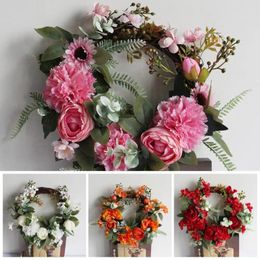 Decorative Flowers Peony Door Hanging Wreath Natural Handmade Summer Thanksgiving Day Wall Window Wedding Rose Dried Flower Home Decoration