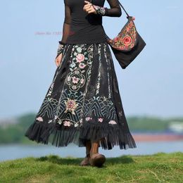 Ethnic Clothing 2024 Chinese Satin Jacquard Skirt National Flower Embroidery Harajuku Oriental Elastic Waist A-line Lace