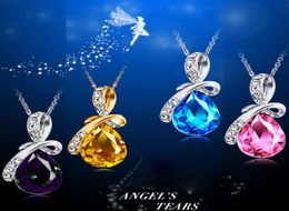 Bow Angel Tears Drop Crystal Necklace Full Diamond Angel Tears Blue Pendant Chain Accessories Women039s Necklaces Valentine038349381