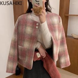 Women's Jackets KUSAHIKI Korean Chic Autumn Winter Gentle Style Round Neck Versatile Long Sleeved Warm Plaid Woollen Jacket For Women Coat