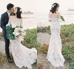 Elegant Full Lace Mermaid Wedding Dresses Tulle 1/2 Half Sleeves Sweep Train Country Wedding Gown