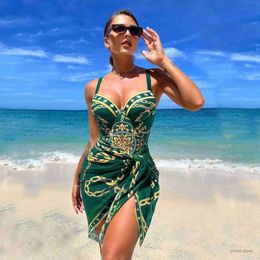 Women's Swimwear 2024 Print Push Up One Piece Swimsuit With Beach Skirt V Neck Swimwear Women Beachwear Bathing Suit Vintage Monokini Summer