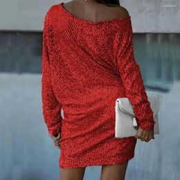 Casual Dresses Mini Evening Gown Women Formal Sequined Dress Shiny Sequin One Shoulder For Slant Neck Three Quarter Sleeve