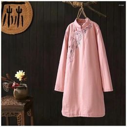 Ethnic Clothing Winter Chinese Style Traditional Stand Up Collar Embroidered Cotton Cheongsam Women's Loose Thick Mid Robe Tang Suit