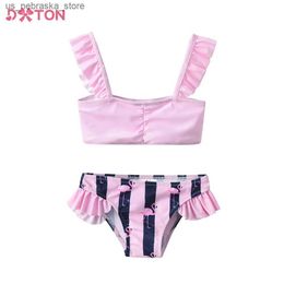 One-Pieces DXTON girl swimsuit 2 pieces childrens hanging top and shorts girl flamingo cartoon print swimsuit childrens beach clothing Q240418