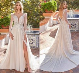 Stylish Lace A Line Wedding Dresses Plunging V Neck Sexy Thigh Split Boho Beach Bridal Gowns Long Sleeves Chiffon Court Train Backless Reception Party Dress CL2960