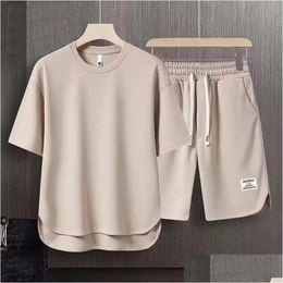 Men'S Tracksuits Mens Korean Fashion Waffle Two Piece Set Summer Short Sleeved T-Shirt And Shorts Loose Sets Men Designer Clothes 240 Dhd7U
