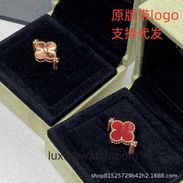 High End jewelry rings for vancleff womens new four leaf clover ring for women with flipped doublesided double flower red agate laser rose gold rotatable original 1:1