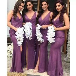 Sparkly Purple Bridesmaid Dresses V Neck 2024 Mermaid Floor Length Side Slit Country Wedding Maid of Honor Gown Custom Made Plus Size