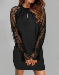 Casual Dresses Contrast Colour Long Sleeved Slim And Comfortable Lace Lock Hole Collar Women's Dress