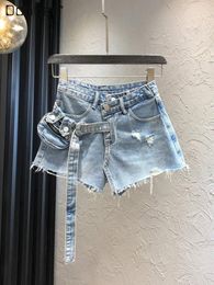Women's Jeans Fashion Detachable Waist Bag Light Colour Hole Denim Shorts Women 2024 Summer High Slimming Pants Free