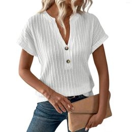 Women's T Shirts Fashion Solid Color V Neck Loose Button Short Sleeved-Shirtop Youthful Woman Clothes Clothing Shirt For Women