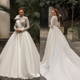 Elegant Wedding Dresses High Collar Long Sleeves Lace Satin Bridal Gowns Custom Made Button Back Sweep Train A Line Dress