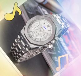 Sub Dial Work Automatic Date Men Stopwatch Watches Luxury Mens Diamonds Ring Quartz Movement Clock Star Super Bright Popular President Chain Bracelet Watch Gifts