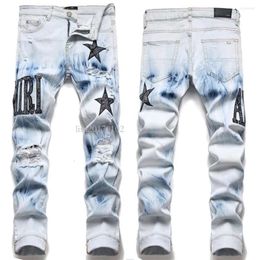 Designer European Letter Star Jean Men Embroidery Patchwork Ripped Trend Brand Motorcycle Pant Mens Skinny Jeans