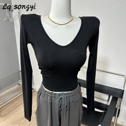 Women's T Shirts Lq_songyi V Neck Long Sleeve Basic Slim Women Spring High Strecth Crop Top Shoulder Pads Short Solid Shirt