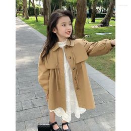 Jackets Khaki Color Windbreaker Girls Coat Spring Tops Turn Down Collar 2024 Childrens Clothing Button Puff Sleeve