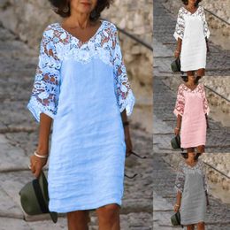 Casual Dresses Vintage Cotton Linen For Women Summer Solid Knee Length Lace Half Sleeve Dress Female V Neck Boho Holiday