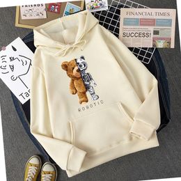 New Funny Teddy Bear Robot Hoodie Robotic Bear Clothing Casual Hooded Women Fashion Sweatshirts Fleece Loose Streetwear Asian Size