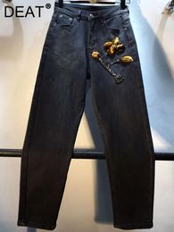 Women's Jeans High Waist Slim Gold Velvet 3d Flowers Diamond Denim Ankle-Length Trousers 2024 Autumn Fashion 29L3769