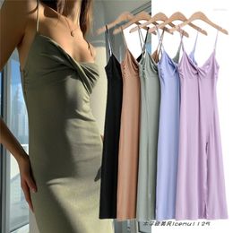 Casual Dresses Solid Colour Threaded Cotton Women's Outer Wear Long V Neck Chest Cross Knot Suspender Skirt Slim Looking Slit Versatile Dress