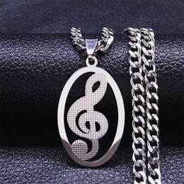 Pendant Necklaces Music Notes Stainless Steel Necklace Women Men Silver Colour Chain Oval Jewellery Chaine Acier Inoxydable N4277S06P250g