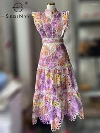 Casual Dresses SEQINYY Elegant Mini Dress Summer Spring Fashion Design Women Runway Vintage Purple Flower Print Hollow Out Ruffles Holiday