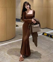 Casual Dresses Sexy Low Neck Fishtail Women Full Sleeve Stretch Basic Bodycon Long Mermaid Robe Vestido Maxi Dress