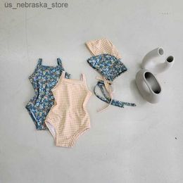 One-Pieces MILANCEL 2024 New Baby One Piece Swimsuit with Hat Toddler Girl Dotted Pendant Bathroom Set Summer Beach Clothing Q240418