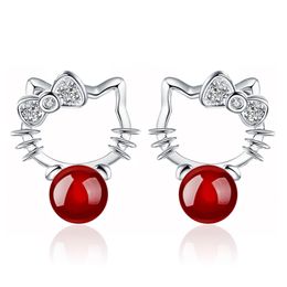 Cute kitty cat designer earrings for women luxury pearl ball red agate diamond lovely cats design earring S925 silver numbers have brincos earings ear rings Jewellery